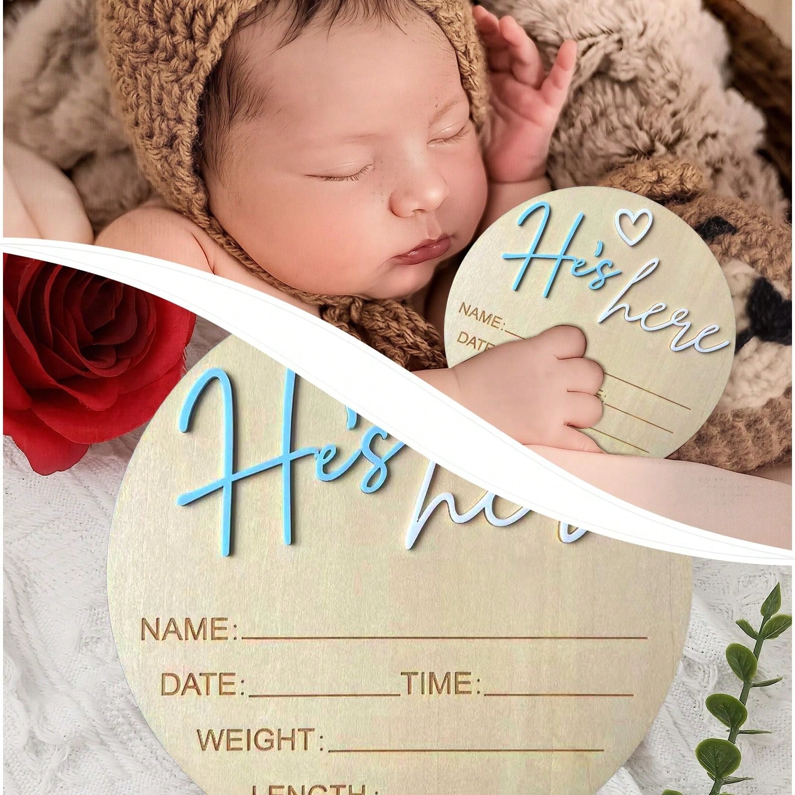 He’s Here Pregnancy Announcement 5.9 Inch Wooden "Hello World" Newborn Baby Announcement Plaque, Gender Reveal Sign, Decoration For Welcoming New Baby Boy (Blue- A)