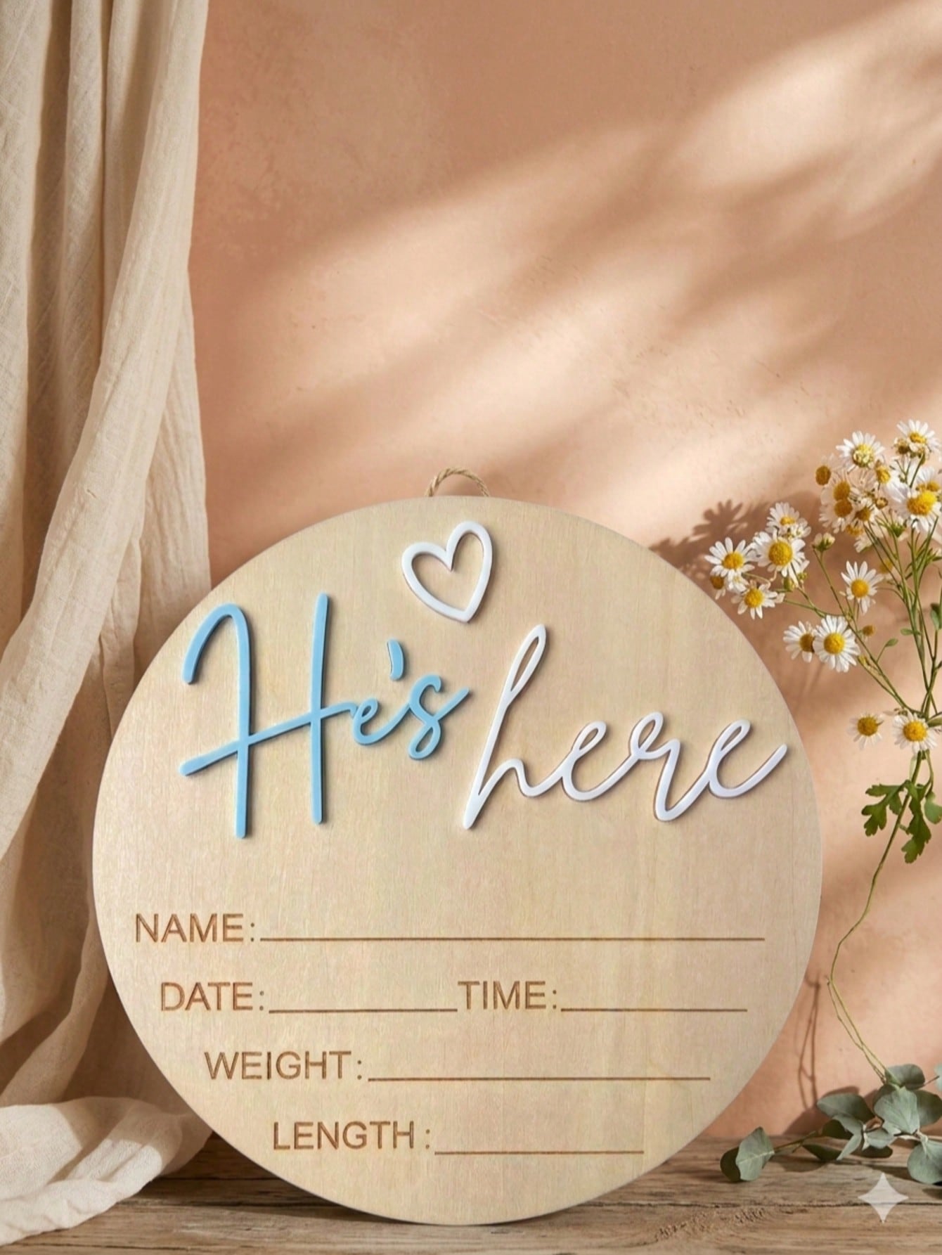 He’s Here Pregnancy Announcement 5.9 Inch Wooden "Hello World" Newborn Baby Announcement Plaque, Gender Reveal Sign, Decoration For Welcoming New Baby Boy (Blue- A)