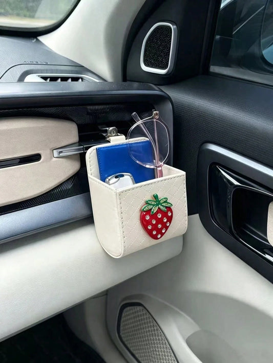 Heart-Shaped Rhinestone Apple Air Vent Storage Bag, Cream White Diamond Quilted Strawberry Leather Car Door Hanging Storage Box, Cute Car Glasses Key Miscellaneous Storage Box, Cherry Car Air Vent Sto