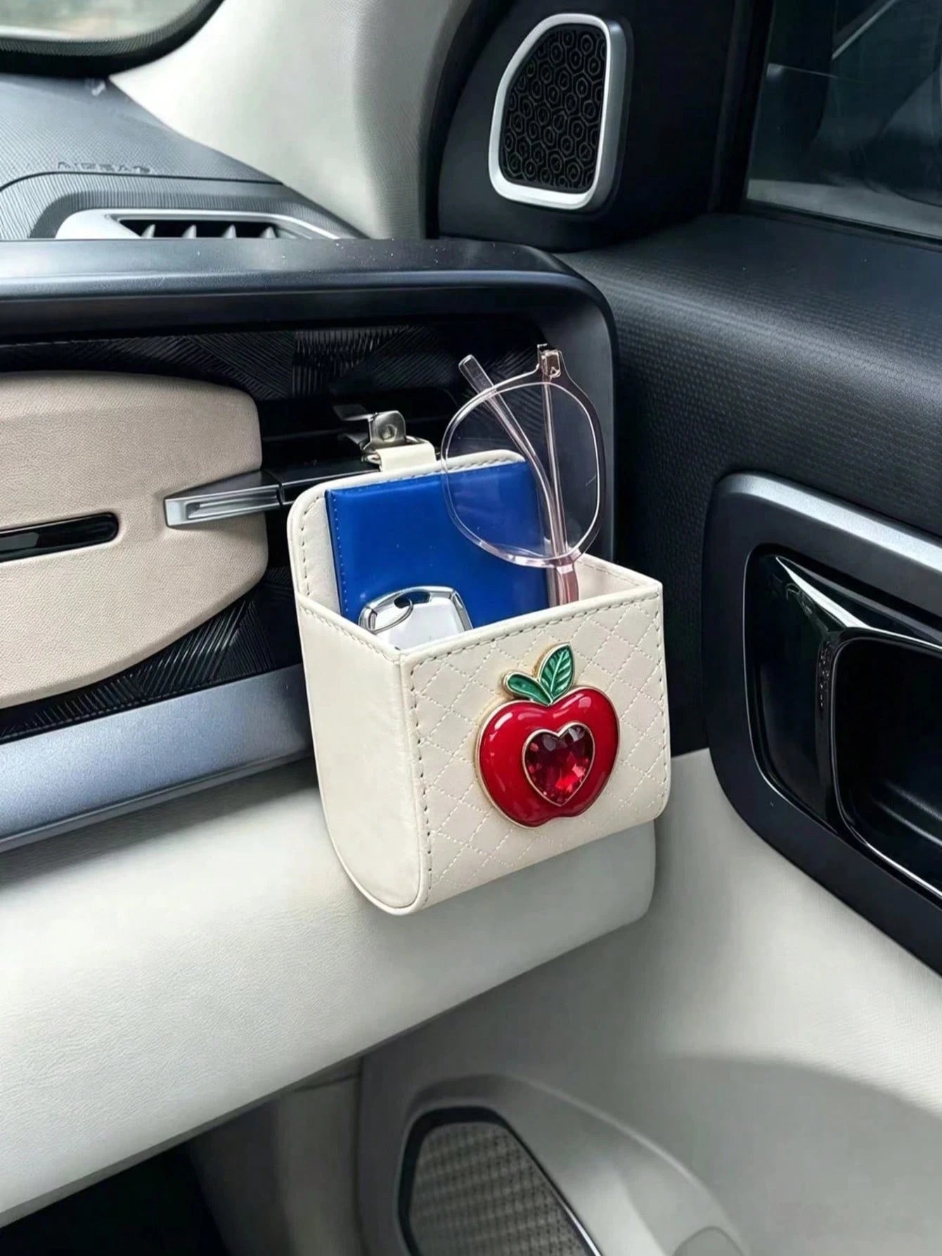 Heart-Shaped Rhinestone Apple Air Vent Storage Bag, Cream White Diamond Quilted Strawberry Leather Car Door Hanging Storage Box, Cute Car Glasses Key Miscellaneous Storage Box, Cherry Car Air Vent Sto