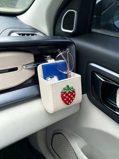 Heart-Shaped Rhinestone Apple Air Vent Storage Bag, Cream White Diamond Quilted Strawberry Leather Car Door Hanging Storage Box, Cute Car Glasses Key Miscellaneous Storage Box, Cherry Car Air Vent Sto