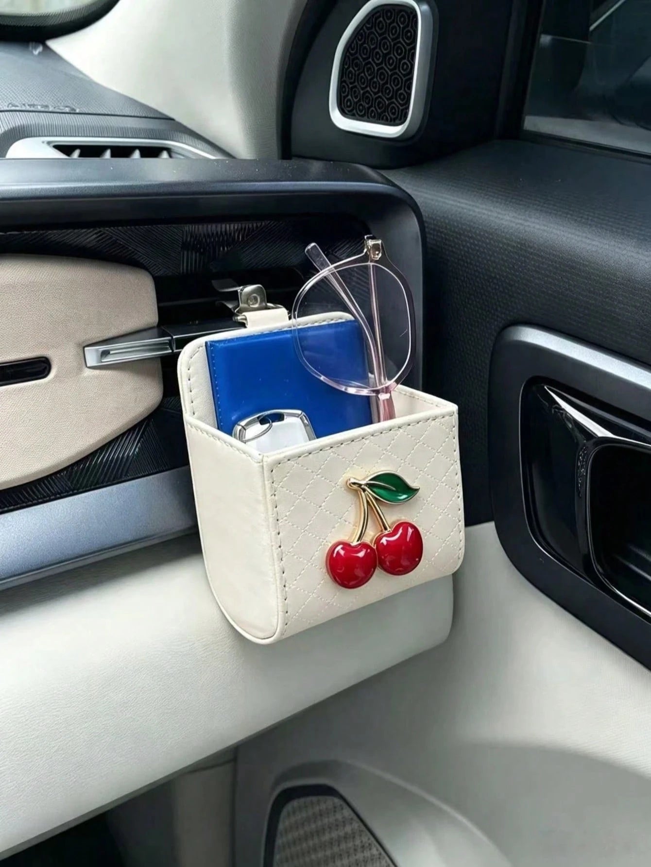 Heart-Shaped Rhinestone Apple Air Vent Storage Bag, Cream White Diamond Quilted Strawberry Leather Car Door Hanging Storage Box, Cute Car Glasses Key Miscellaneous Storage Box, Cherry Car Air Vent Sto