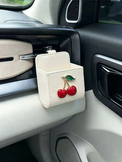 Heart-Shaped Rhinestone Apple Air Vent Storage Bag, Cream White Diamond Quilted Strawberry Leather Car Door Hanging Storage Box, Cute Car Glasses Key Miscellaneous Storage Box, Cherry Car Air Vent Sto