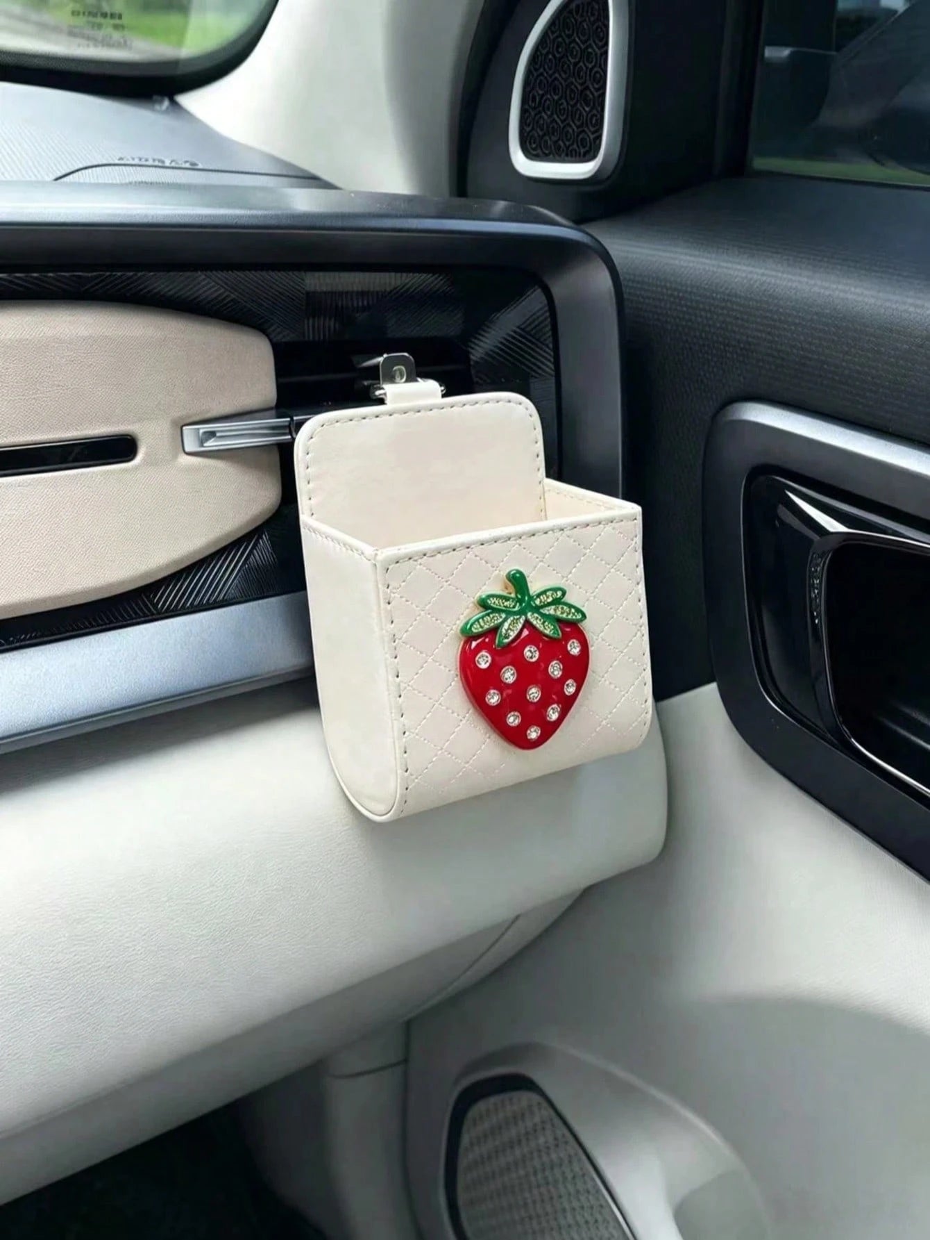 Heart-Shaped Rhinestone Apple Air Vent Storage Bag, Cream White Diamond Quilted Strawberry Leather Car Door Hanging Storage Box, Cute Car Glasses Key Miscellaneous Storage Box, Cherry Car Air Vent Sto