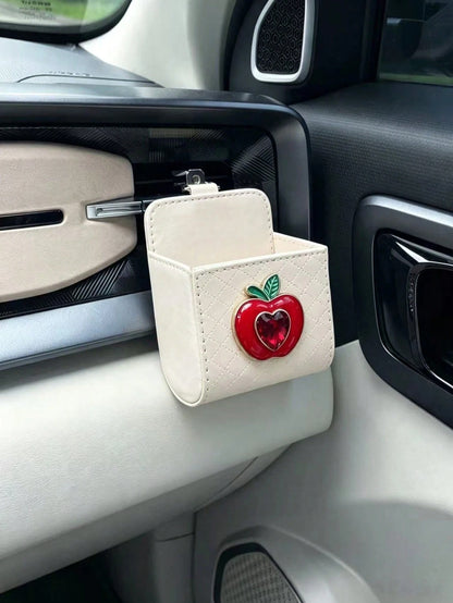 Heart-Shaped Rhinestone Apple Air Vent Storage Bag, Cream White Diamond Quilted Strawberry Leather Car Door Hanging Storage Box, Cute Car Glasses Key Miscellaneous Storage Box, Cherry Car Air Vent Sto