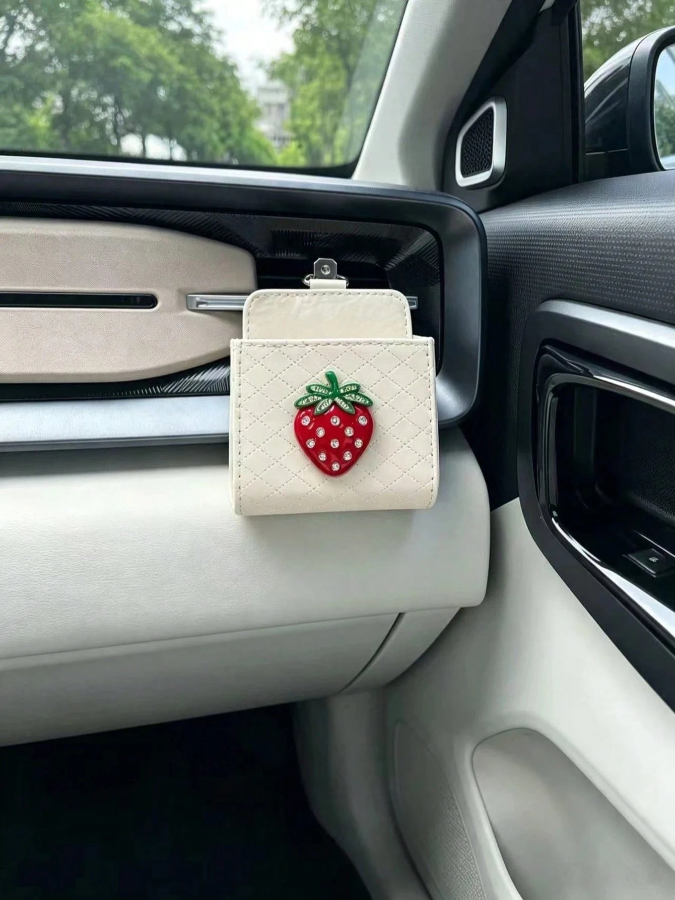 Heart-Shaped Rhinestone Apple Air Vent Storage Bag, Cream White Diamond Quilted Strawberry Leather Car Door Hanging Storage Box, Cute Car Glasses Key Miscellaneous Storage Box, Cherry Car Air Vent Sto