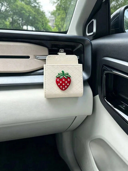 Heart-Shaped Rhinestone Apple Air Vent Storage Bag, Cream White Diamond Quilted Strawberry Leather Car Door Hanging Storage Box, Cute Car Glasses Key Miscellaneous Storage Box, Cherry Car Air Vent Sto