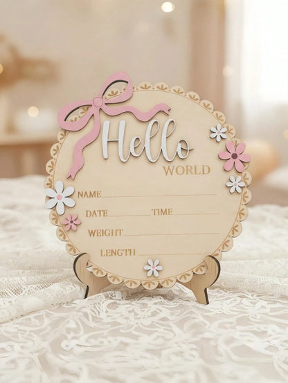 Hello World Round Floral Wooden Sign Pink Floral Newborn Baby Girl Birth Announcement Wooden Plaque, Includes Baby's Name, Date, Time, Weight, Length Information, Suitable For Baby Girl's Room Decor
