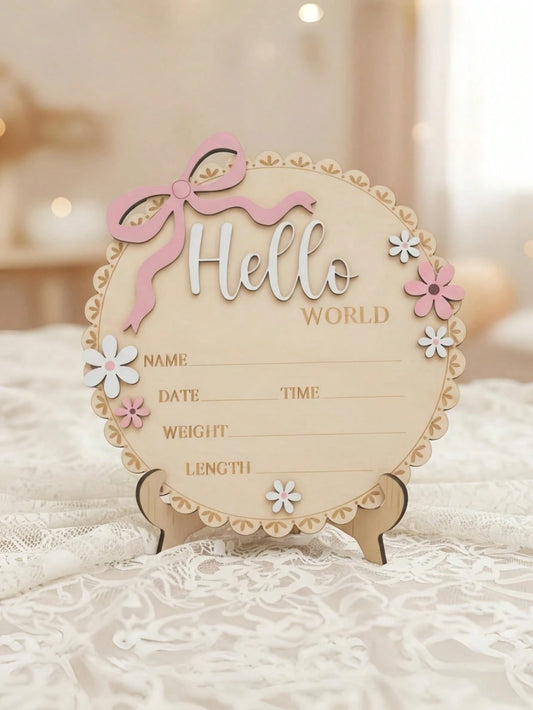 Hello World Round Floral Wooden Sign Pink Floral Newborn Baby Girl Birth Announcement Wooden Plaque, Includes Baby's Name, Date, Time, Weight, Length Information, Suitable For Baby Girl's Room Decor