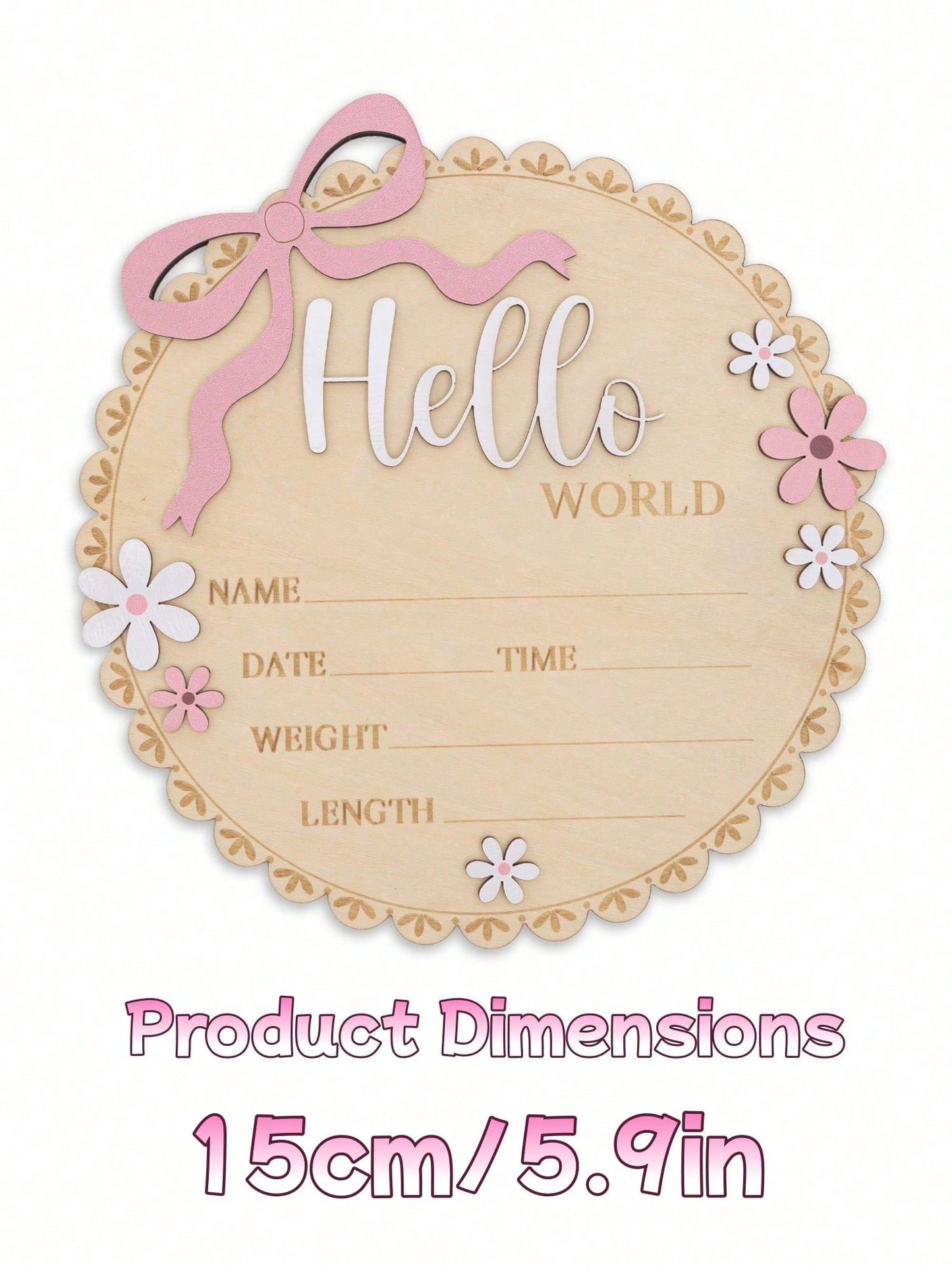 Hello World Round Floral Wooden Sign Pink Floral Newborn Baby Girl Birth Announcement Wooden Plaque, Includes Baby's Name, Date, Time, Weight, Length Information, Suitable For Baby Girl's Room Decor