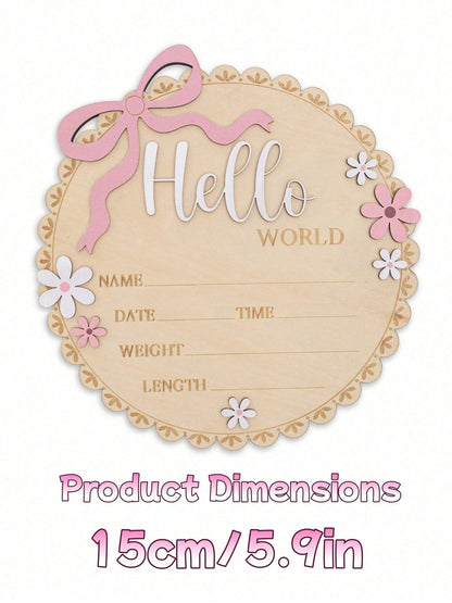 Hello World Round Floral Wooden Sign Pink Floral Newborn Baby Girl Birth Announcement Wooden Plaque, Includes Baby's Name, Date, Time, Weight, Length Information, Suitable For Baby Girl's Room Decor