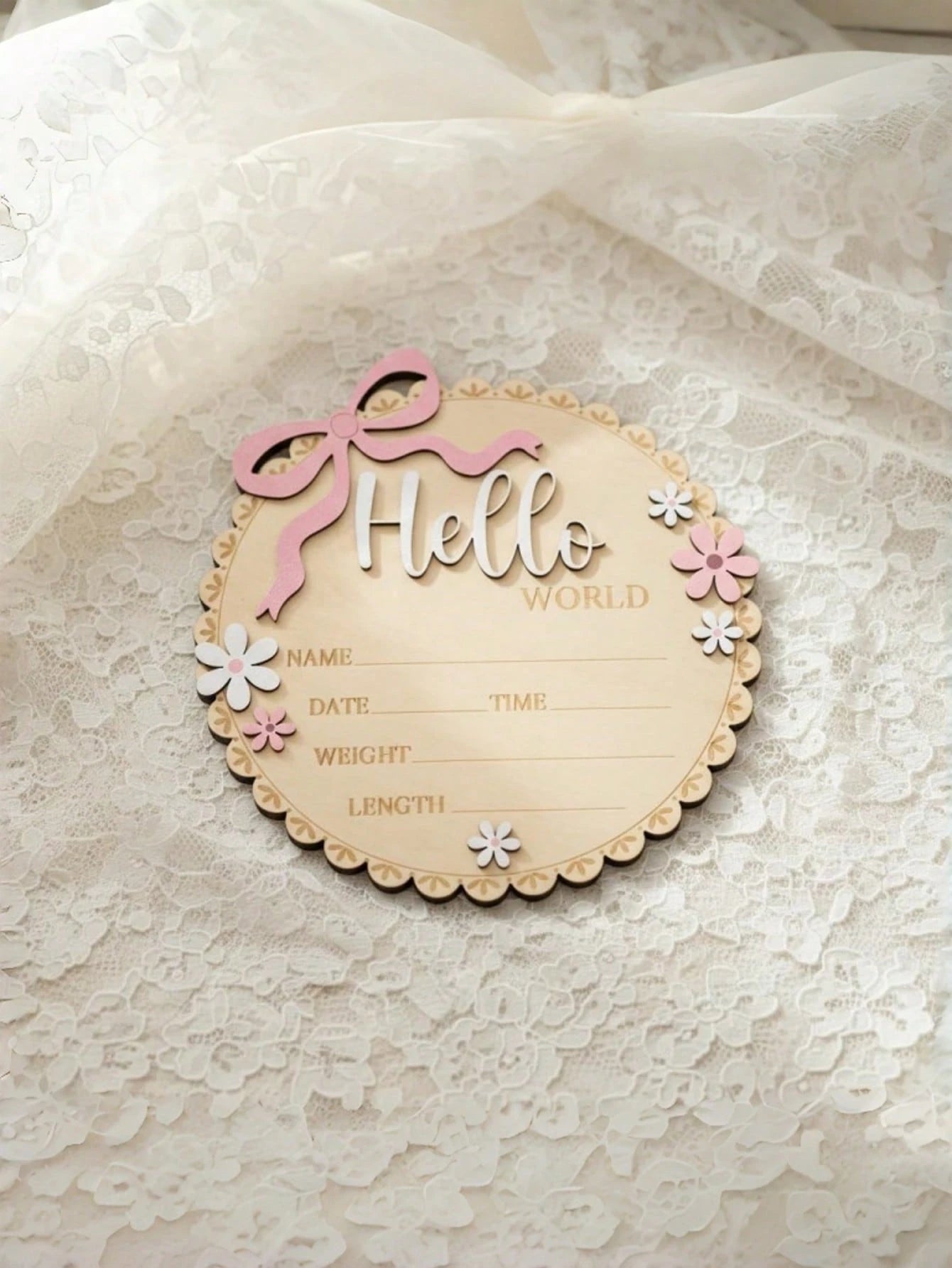 Hello World Round Floral Wooden Sign Pink Floral Newborn Baby Girl Birth Announcement Wooden Plaque, Includes Baby's Name, Date, Time, Weight, Length Information, Suitable For Baby Girl's Room Decor