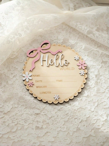 Hello World Round Floral Wooden Sign Pink Floral Newborn Baby Girl Birth Announcement Wooden Plaque, Includes Baby's Name, Date, Time, Weight, Length Information, Suitable For Baby Girl's Room Decor