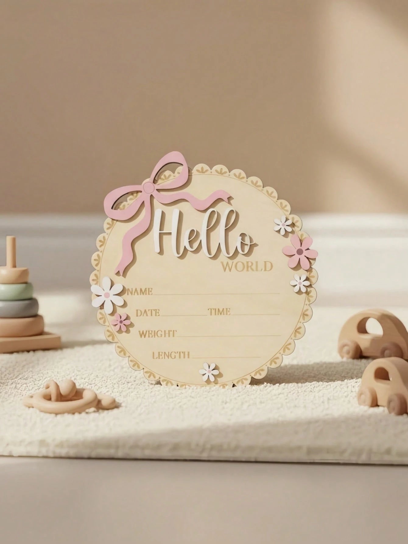 Hello World Round Floral Wooden Sign Pink Floral Newborn Baby Girl Birth Announcement Wooden Plaque, Includes Baby's Name, Date, Time, Weight, Length Information, Suitable For Baby Girl's Room Decor