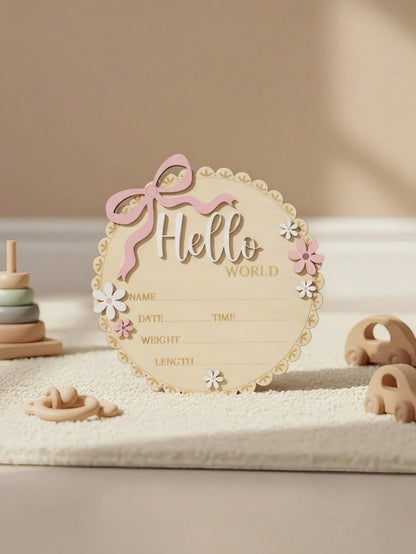 Hello World Round Floral Wooden Sign Pink Floral Newborn Baby Girl Birth Announcement Wooden Plaque, Includes Baby's Name, Date, Time, Weight, Length Information, Suitable For Baby Girl's Room Decor