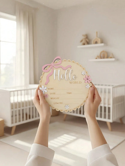 Hello World Round Floral Wooden Sign Pink Floral Newborn Baby Girl Birth Announcement Wooden Plaque, Includes Baby's Name, Date, Time, Weight, Length Information, Suitable For Baby Girl's Room Decor