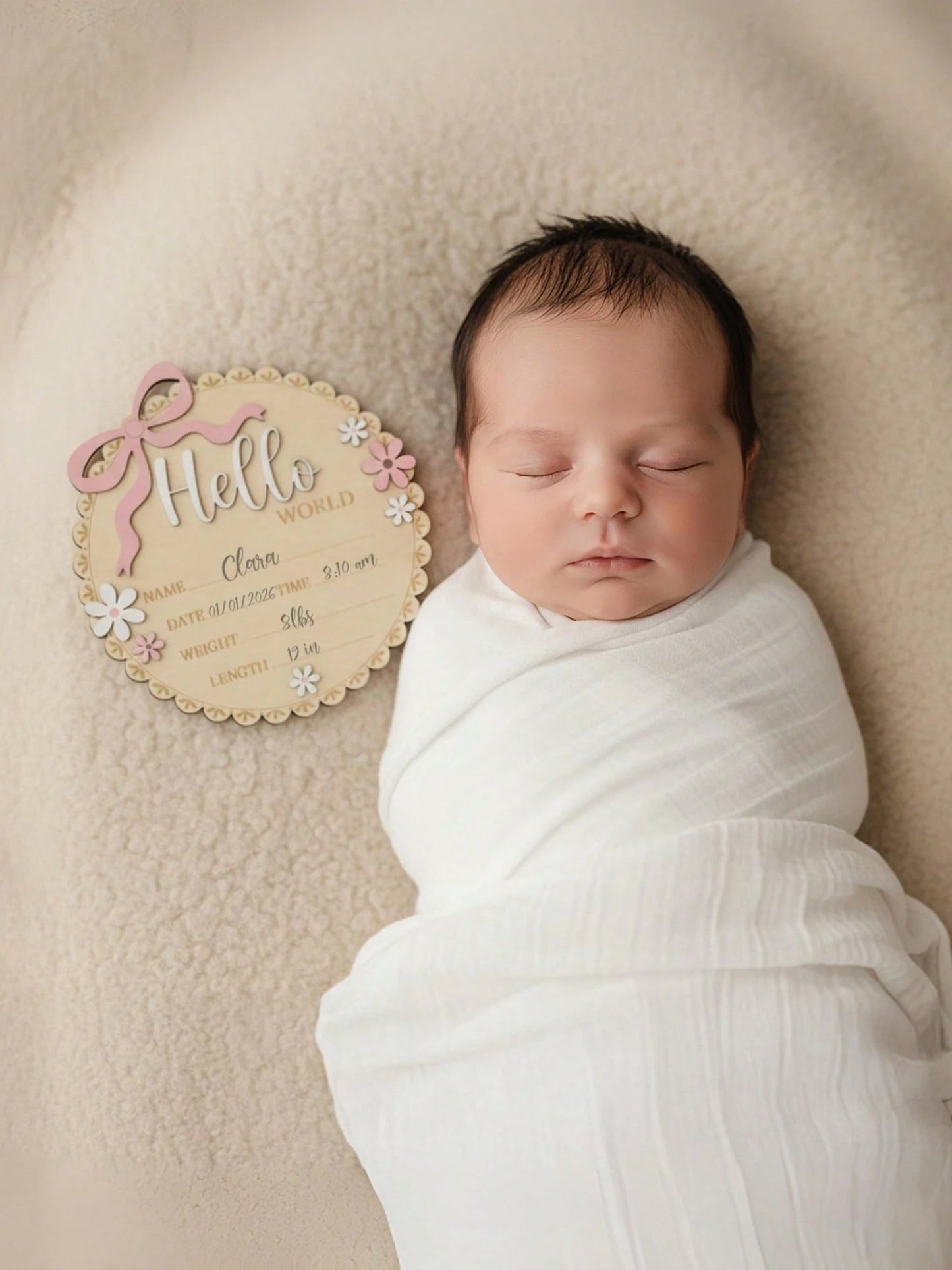 Hello World Round Floral Wooden Sign Pink Floral Newborn Baby Girl Birth Announcement Wooden Plaque, Includes Baby's Name, Date, Time, Weight, Length Information, Suitable For Baby Girl's Room Decor
