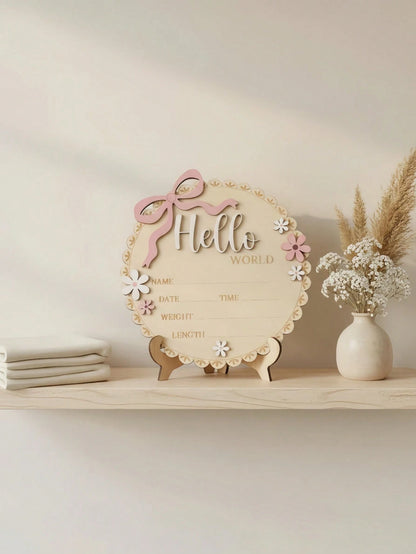 Hello World Round Floral Wooden Sign Pink Floral Newborn Baby Girl Birth Announcement Wooden Plaque, Includes Baby's Name, Date, Time, Weight, Length Information, Suitable For Baby Girl's Room Decor