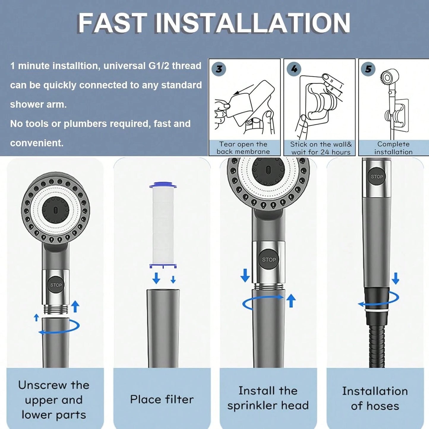 High-Pressure Handheld Shower Head With 5 Filters, 3 Adjustment Settings, Christmas Bathroom Decoration, Wall-Mounted Non-Electric Body Spray, Universal Shower Accessories For A Luxurious Bathing Expe