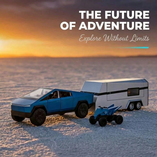 Highly Realistic 1:32 Proportional Cyber Truck-Style Die-Cast Truck Set, Including Camper Van And Off-Road Vehicle, 3-In-1 Rebound Model Car, With Sound And Light Effects, 5 Colors, Suitable For Colle