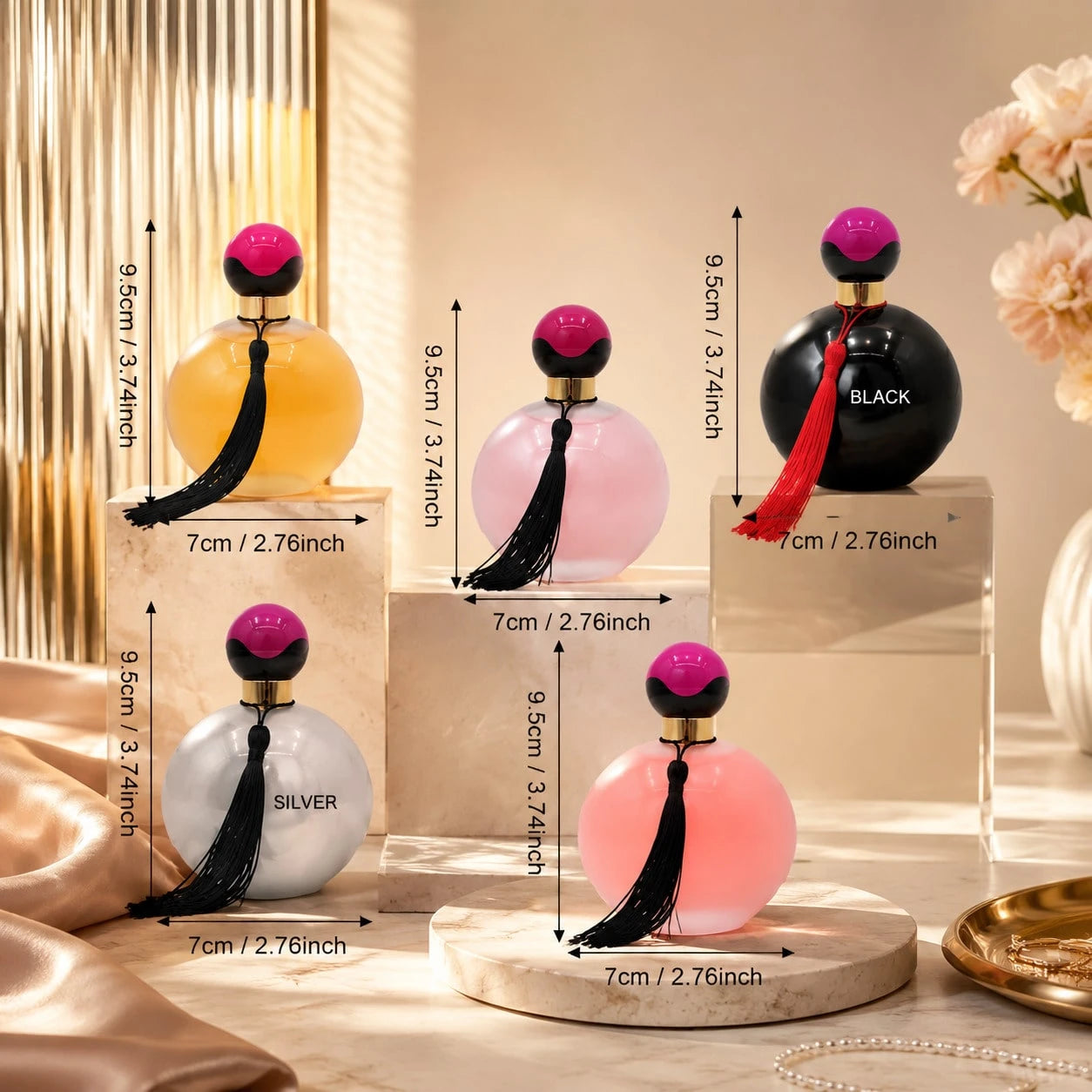HIYES 1pc Random Style Perfume For Women, Women's Fragrance Spray, Round Bottle With Decorative Tassel & Gold-Tone Accents, 1 Of 5 Colors Shipped At Random, For Daily Wear, Office, Travel, Party & Gif