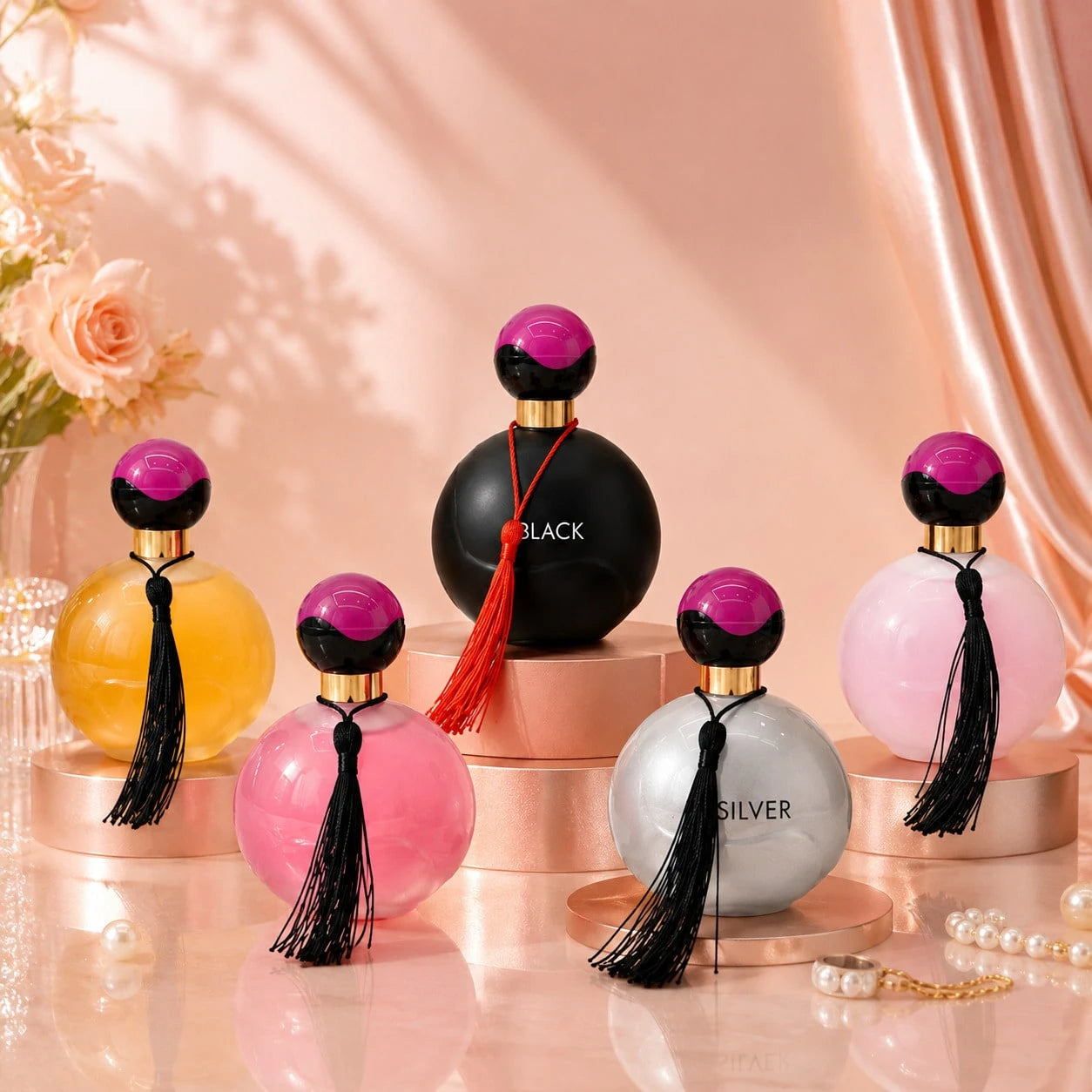 HIYES 1pc Random Style Perfume For Women, Women's Fragrance Spray, Round Bottle With Decorative Tassel & Gold-Tone Accents, 1 Of 5 Colors Shipped At Random, For Daily Wear, Office, Travel, Party & Gif