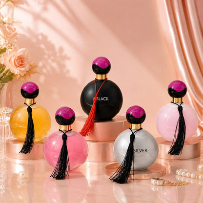 HIYES 1pc Random Style Perfume For Women, Women's Fragrance Spray, Round Bottle With Decorative Tassel & Gold-Tone Accents, 1 Of 5 Colors Shipped At Random, For Daily Wear, Office, Travel, Party & Gif