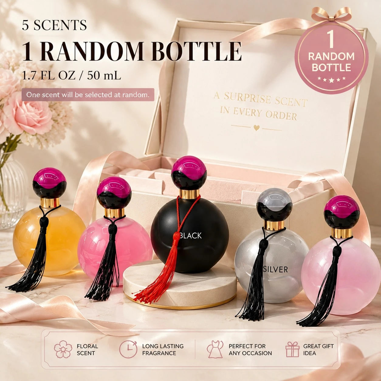 HIYES 1pc Random Style Perfume For Women, Women's Fragrance Spray, Round Bottle With Decorative Tassel & Gold-Tone Accents, 1 Of 5 Colors Shipped At Random, For Daily Wear, Office, Travel, Party & Gif