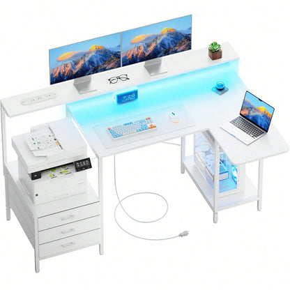 HLDIRECT L Shaped Computer Desk With LED Lights, Power Outlets & USB Charging Ports, Home Office Desk With Storage Drawers & Open Shelves, Sturdy Metal Frame Writing Study Table Gaming Workstation For