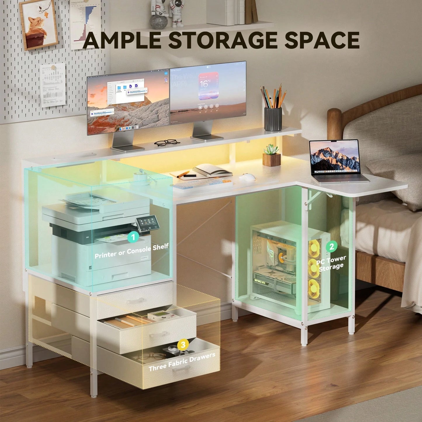 HLDIRECT L Shaped Computer Desk With LED Lights, Power Outlets & USB Charging Ports, Home Office Desk With Storage Drawers & Open Shelves, Sturdy Metal Frame Writing Study Table Gaming Workstation For