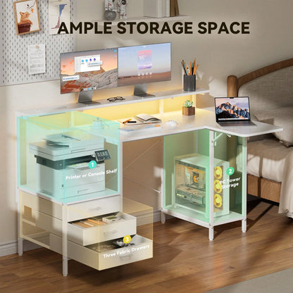 HLDIRECT L Shaped Computer Desk With LED Lights, Power Outlets & USB Charging Ports, Home Office Desk With Storage Drawers & Open Shelves, Sturdy Metal Frame Writing Study Table Gaming Workstation For