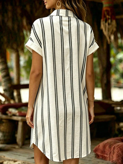 Holidaya Retro Minimalist Lapel Open Front Raglan Sleeve Asymmetric Hem Striped Print Elegant Party Dress For Women