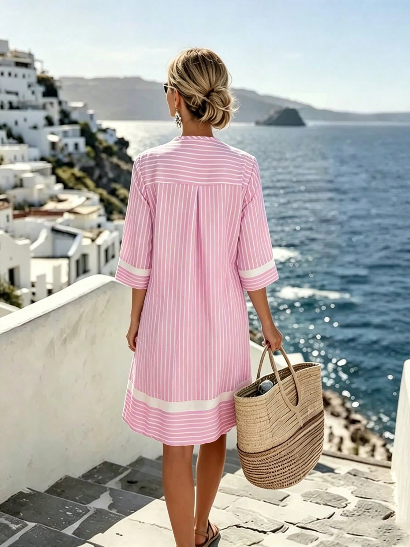 Holidaya Women's Long Backless Vacation Dress Beach Vacation Pink And White Striped Autumn Tropical