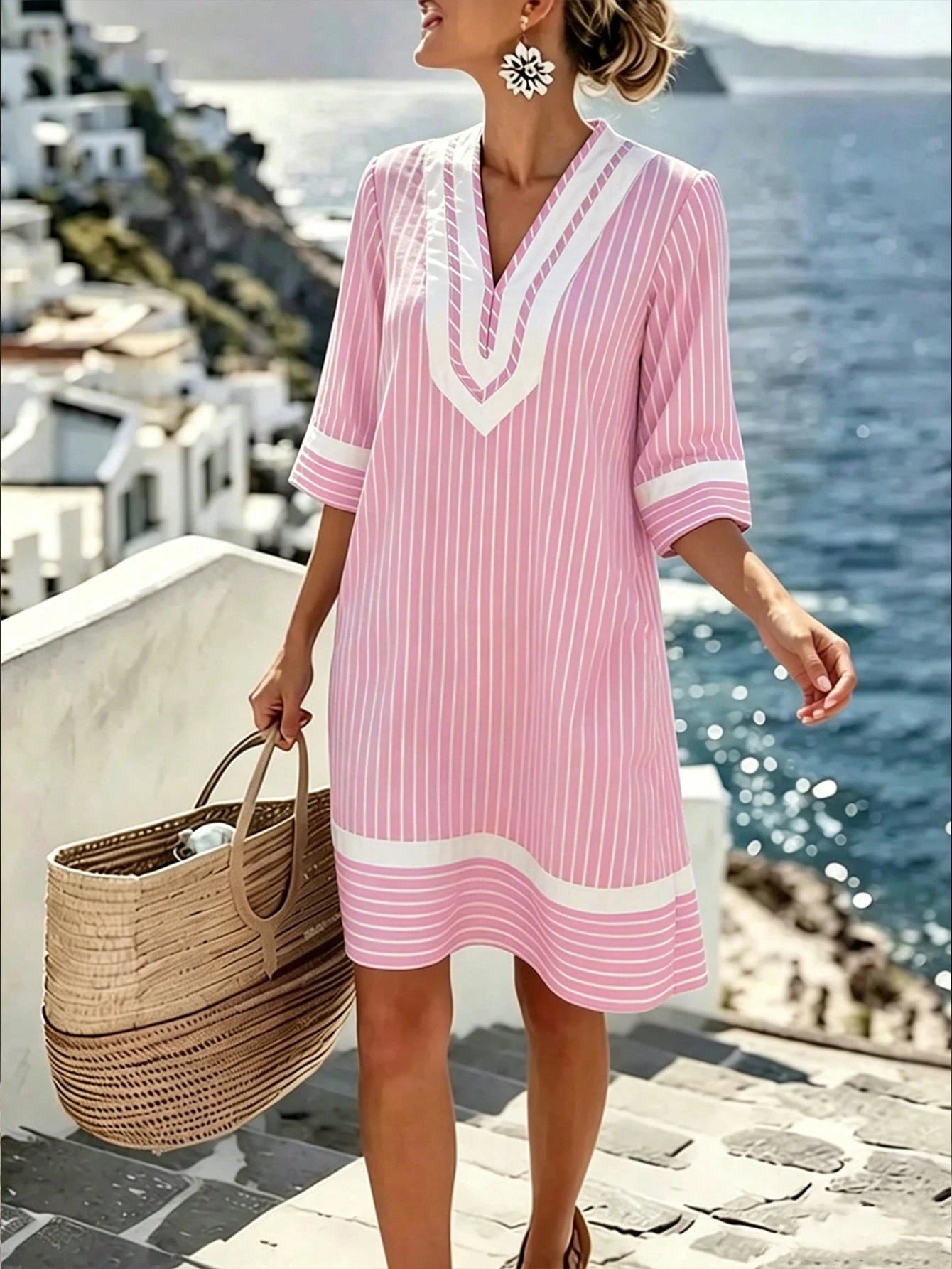 Holidaya Women's Long Backless Vacation Dress Beach Vacation Pink And White Striped Autumn Tropical
