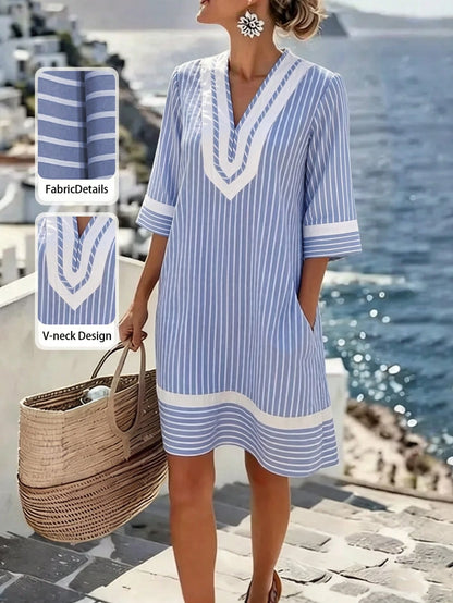 Holidaya Women's Long Backless Vacation Dress Beach Vacation Pink And White Striped Autumn Tropical