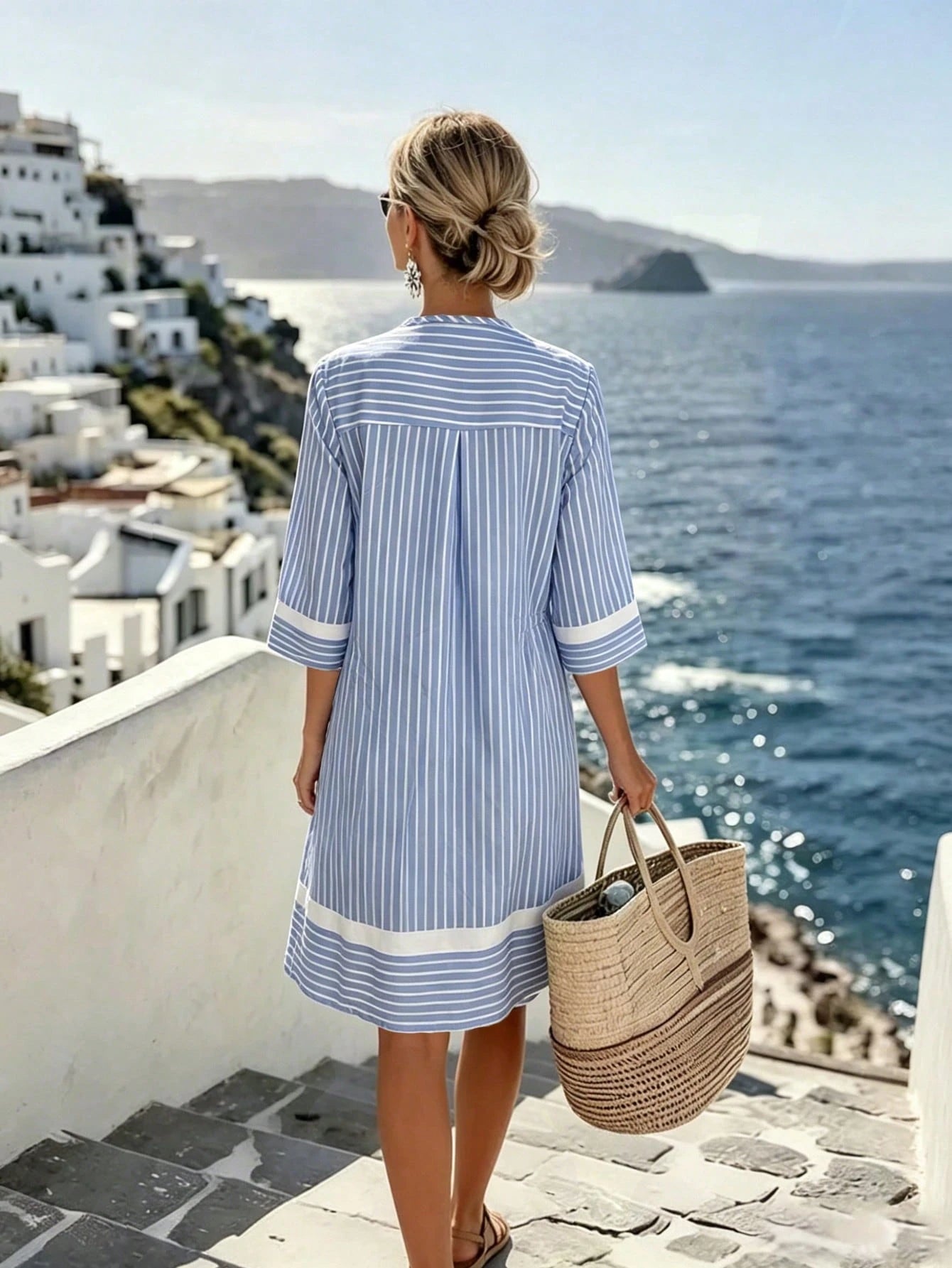 Holidaya Women's Long Backless Vacation Dress Beach Vacation Pink And White Striped Autumn Tropical