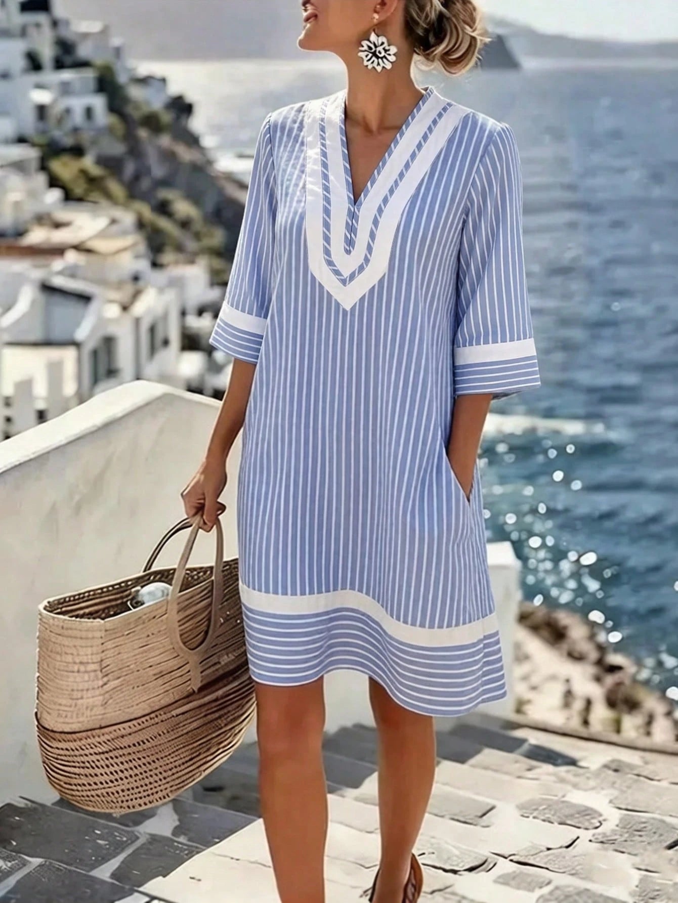 Holidaya Women's Long Backless Vacation Dress Beach Vacation Pink And White Striped Autumn Tropical