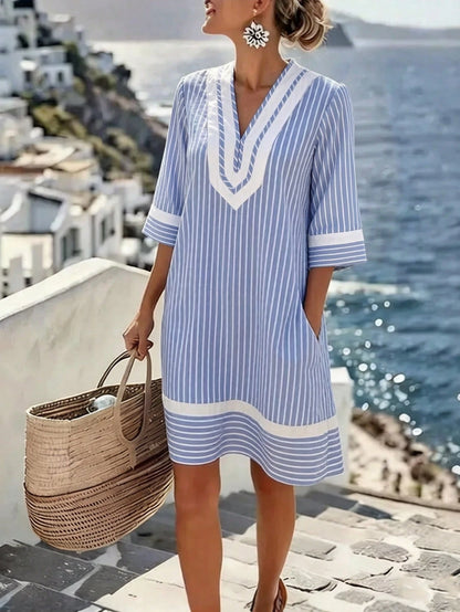 Holidaya Women's Long Backless Vacation Dress Beach Vacation Pink And White Striped Autumn Tropical