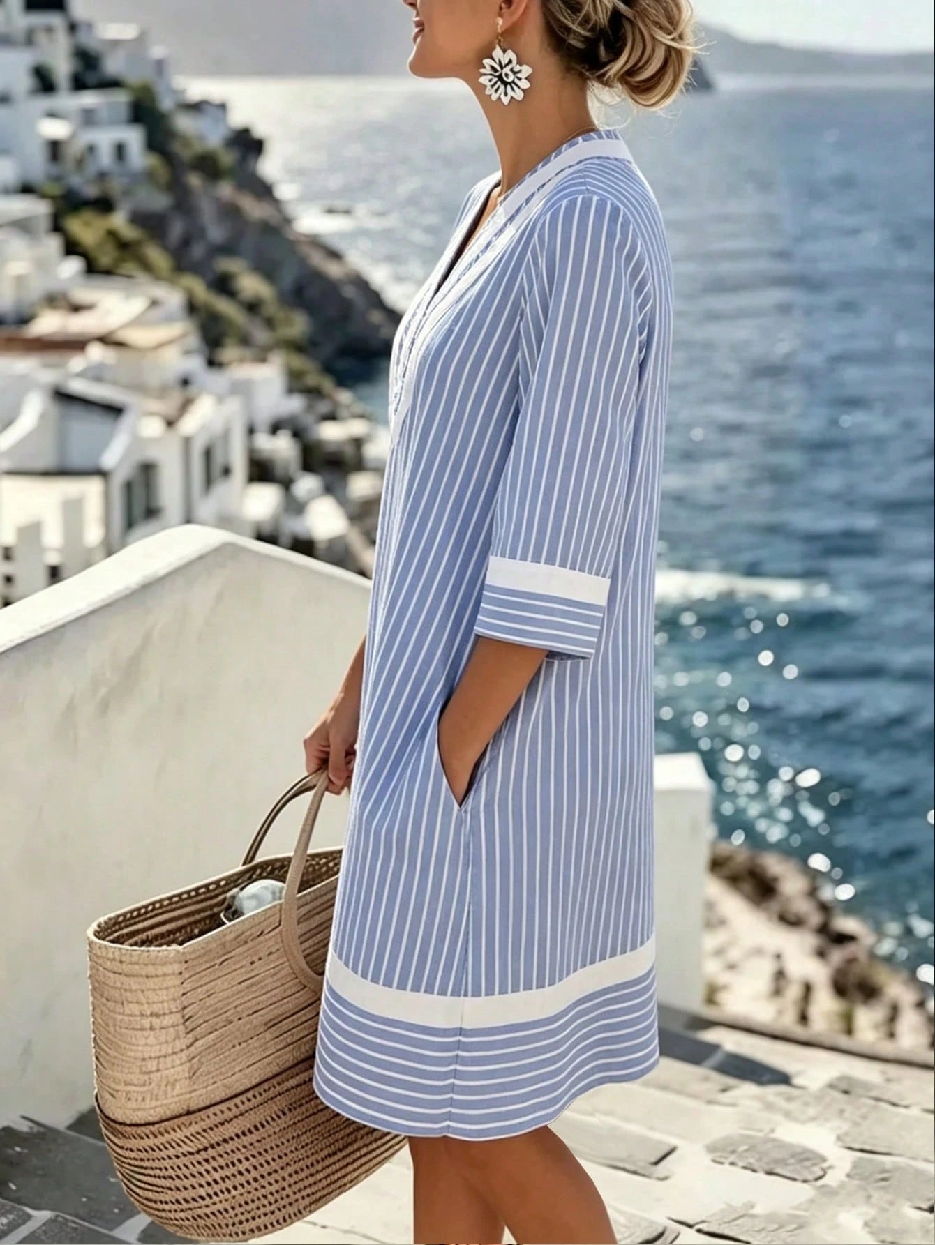 Holidaya Women's Long Backless Vacation Dress Beach Vacation Pink And White Striped Autumn Tropical