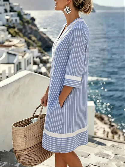 Holidaya Women's Long Backless Vacation Dress Beach Vacation Pink And White Striped Autumn Tropical