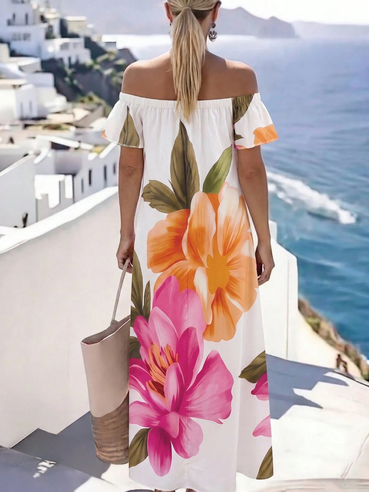 Holidaya Women's Vacation Casual Floral Print Off-Shoulder Long Dress