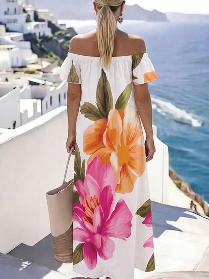 Holidaya Women's Vacation Casual Floral Print Off-Shoulder Long Dress