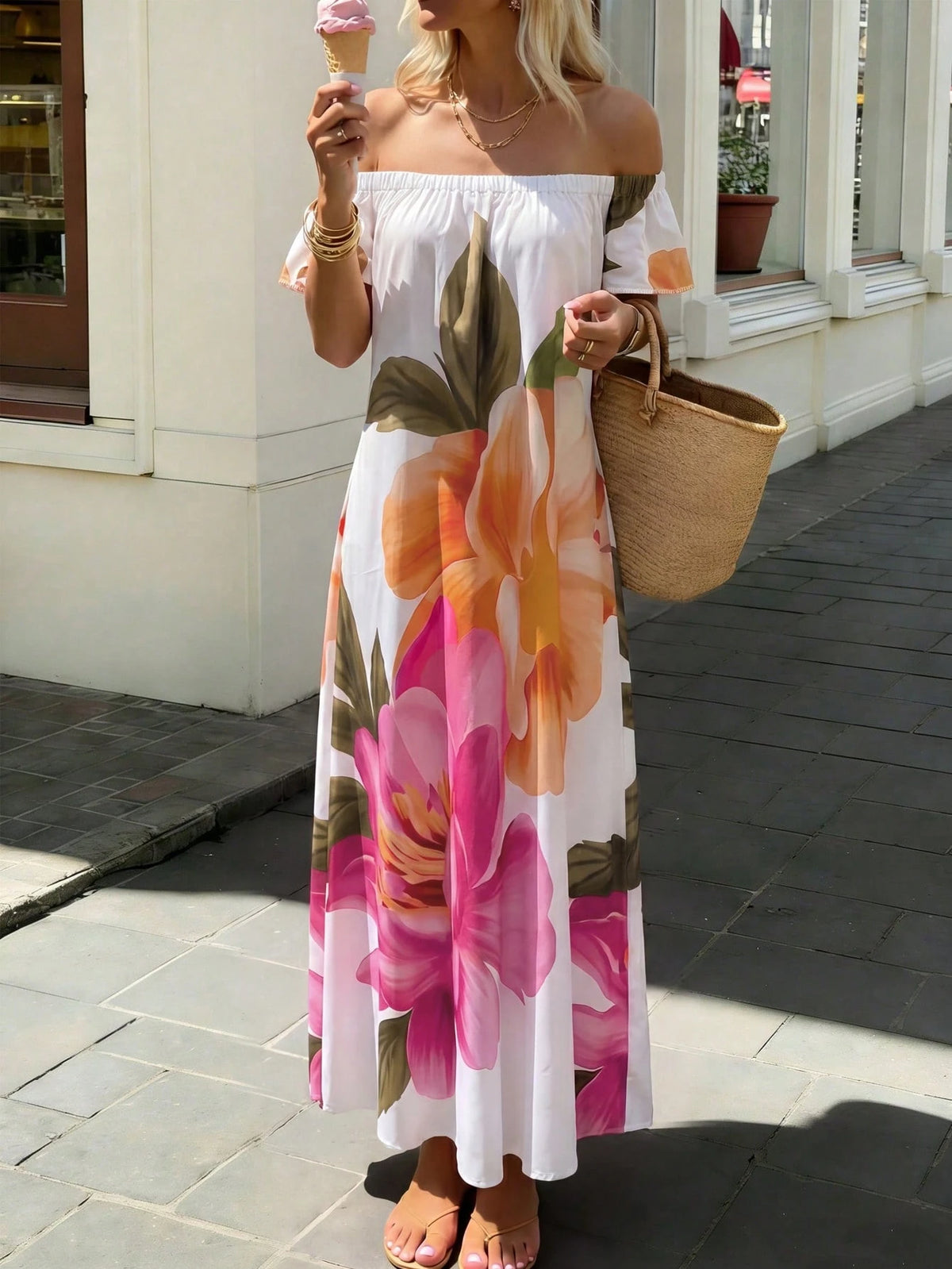 Holidaya Women's Vacation Casual Floral Print Off-Shoulder Long Dress