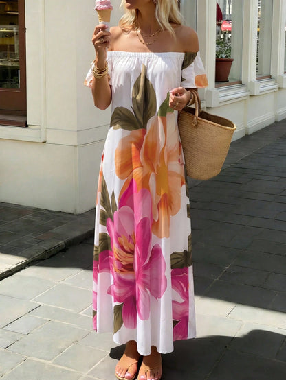 Holidaya Women's Vacation Casual Floral Print Off-Shoulder Long Dress