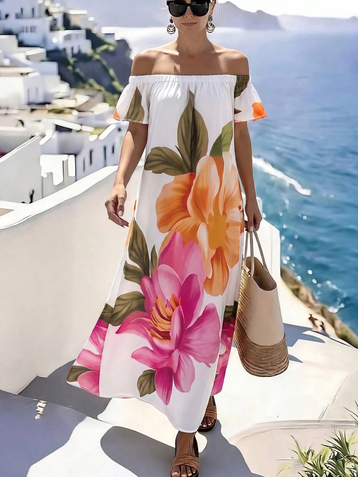 Holidaya Women's Vacation Casual Floral Print Off-Shoulder Long Dress