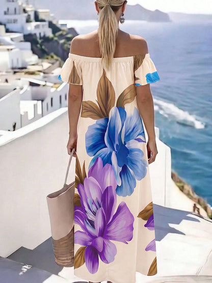 Holidaya Women's Vacation Casual Floral Print Off-Shoulder Long Dress