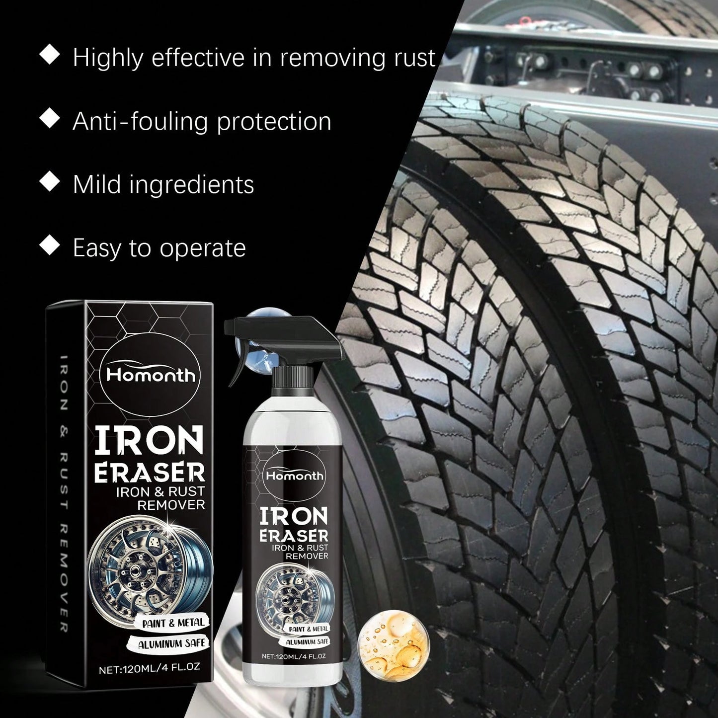 Homonth 120ml Car Wheel Rust Remover Spray – Heavy Duty Rim & Tire Cleaner, Fast-Acting Stain Dissolver For Auto Detailing & Car Care,Car Acessesories,Car Acessesories Women,Car Stuff,Car Acessesories
