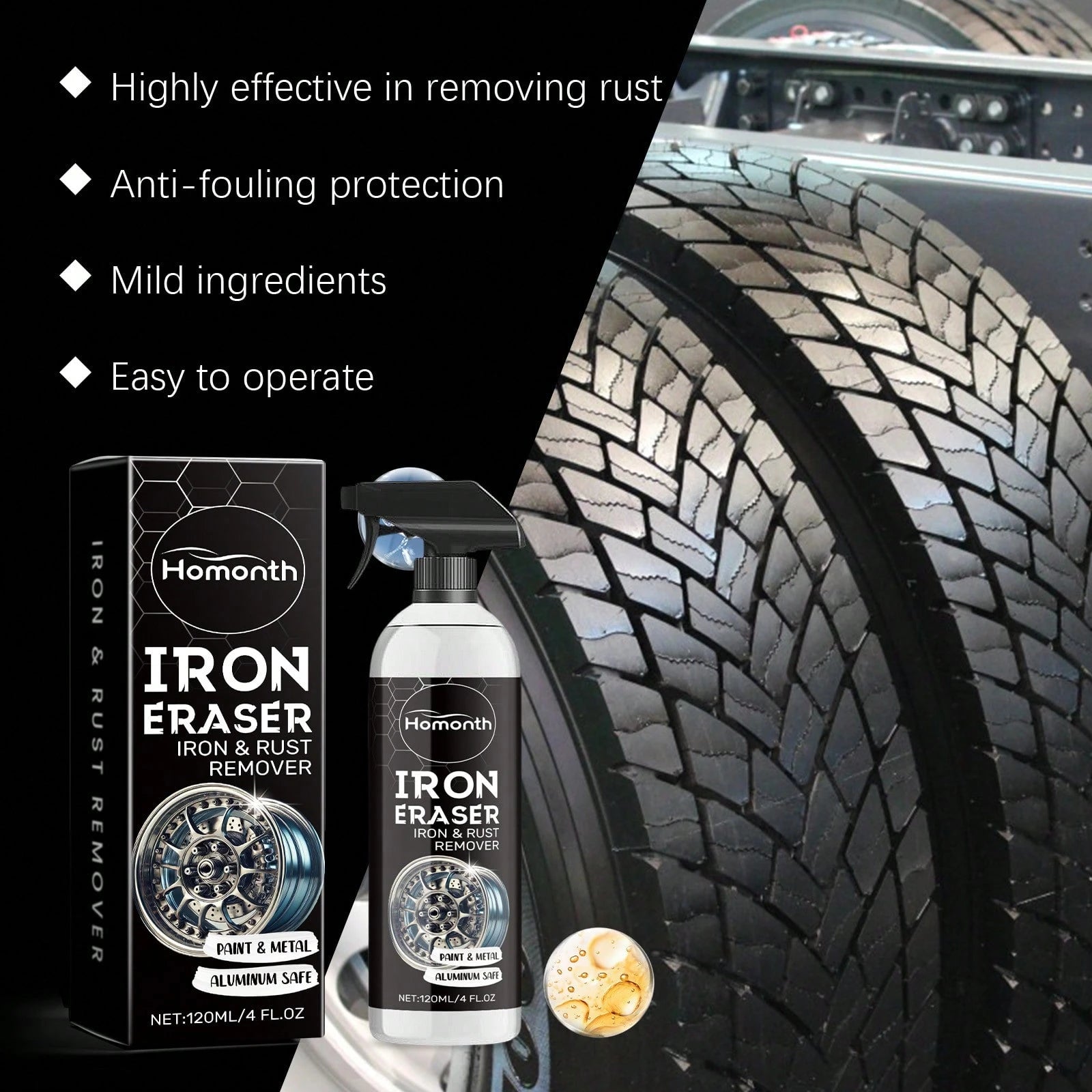 Homonth 120ml Car Wheel Rust Remover Spray – Heavy Duty Rim & Tire Cleaner, Fast-Acting Stain Dissolver For Auto Detailing & Car Care,Car Acessesories,Car Acessesories Women,Car Stuff,Car Acessesories