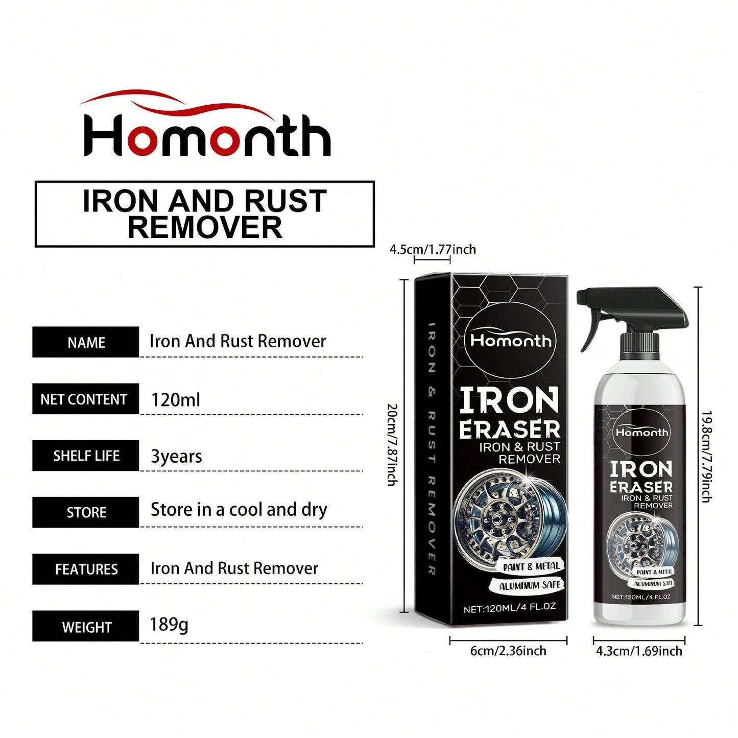 Homonth 120ml Car Wheel Rust Remover Spray – Heavy Duty Rim & Tire Cleaner, Fast-Acting Stain Dissolver For Auto Detailing & Car Care,Car Acessesories,Car Acessesories Women,Car Stuff,Car Acessesories