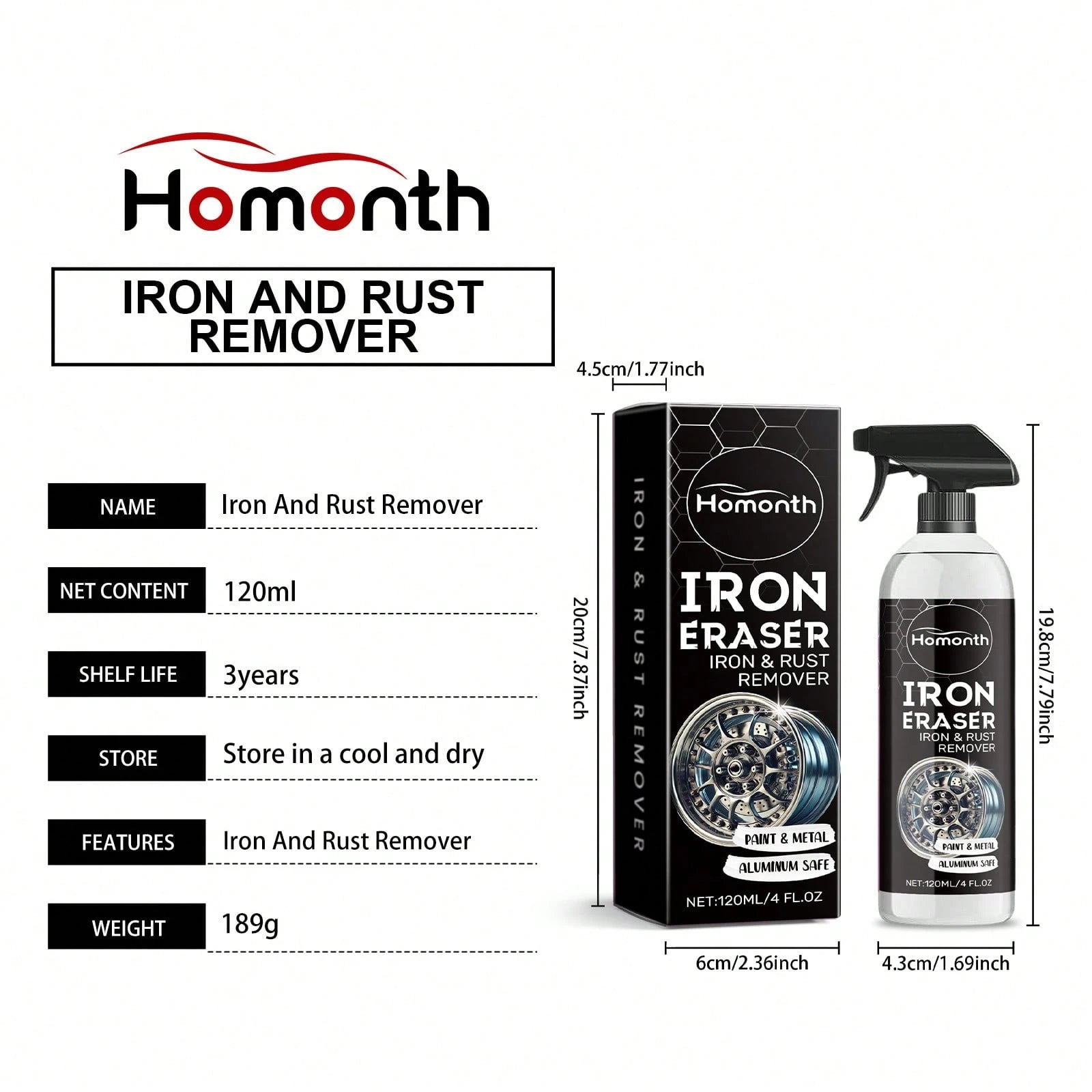 Homonth 120ml Car Wheel Rust Remover Spray – Heavy Duty Rim & Tire Cleaner, Fast-Acting Stain Dissolver For Auto Detailing & Car Care,Car Acessesories,Car Acessesories Women,Car Stuff,Car Acessesories